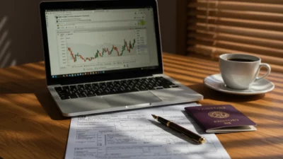Formulaire de déclaration fiscale 3916 sur un bureau en bois, laptop affichant une interface d exchange crypto en arrière-plan, passeport, café, stylo-plume, lumière après-midi