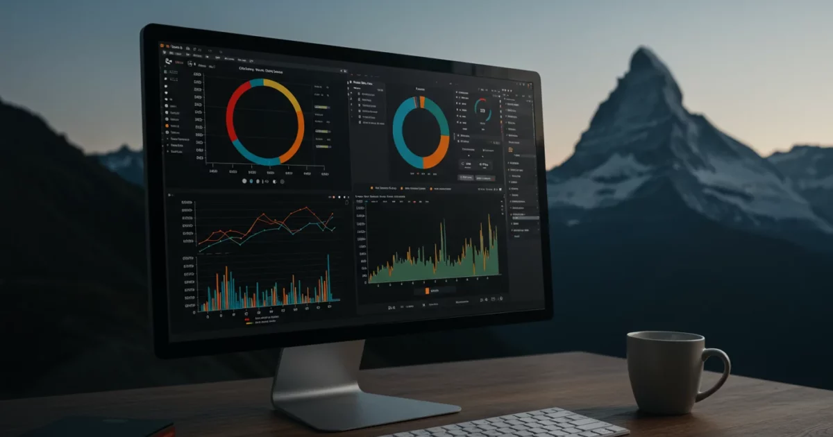 Dashboard analytique premium sur écran moderne affichant analytics Bitcoin on-chain et graphiques de portefeuille en thème sombre professionnel