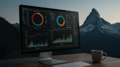Dashboard analytique premium sur écran moderne affichant analytics Bitcoin on-chain et graphiques de portefeuille en thème sombre professionnel