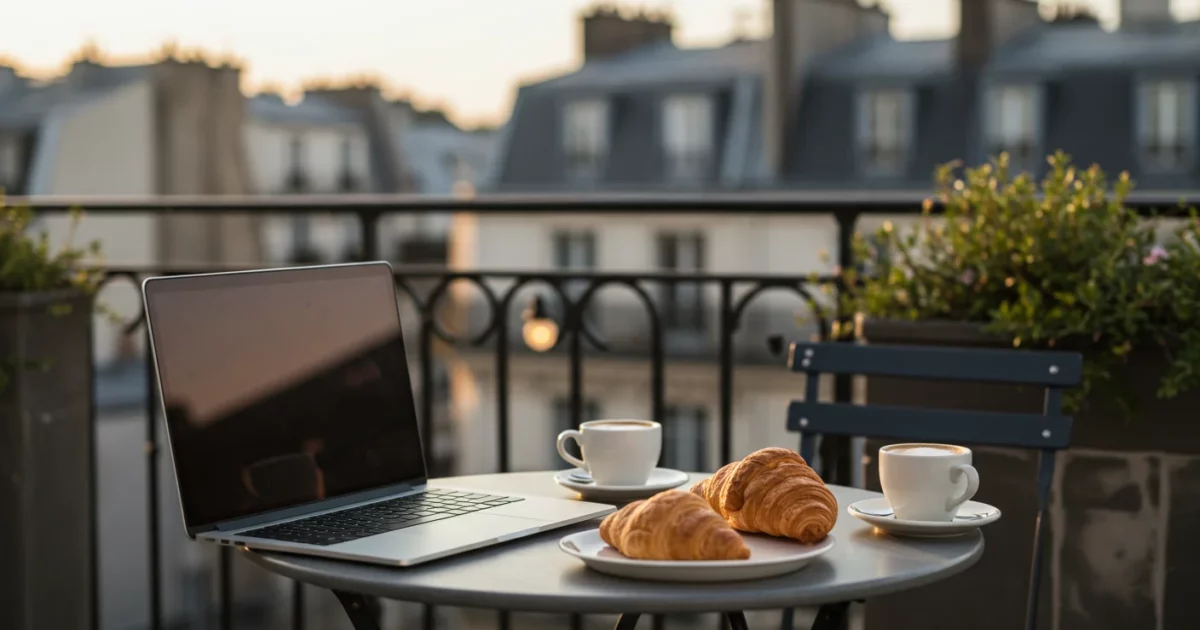 Atmosphère été français : terrasse extérieure avec laptop, croissant et café, toits parisiens flous en arrière-plan, heure dorée
