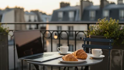 Atmosphère été français : terrasse extérieure avec laptop, croissant et café, toits parisiens flous en arrière-plan, heure dorée
