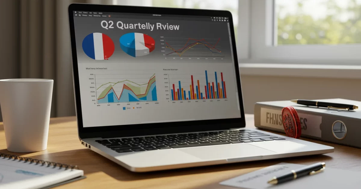 Concept bilan trimestriel : dashboard analytique Q2 avec accents tricolores, dossier fermé, lumière été à travers fenêtre