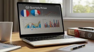 Concept bilan trimestriel : dashboard analytique Q2 avec accents tricolores, dossier fermé, lumière été à travers fenêtre