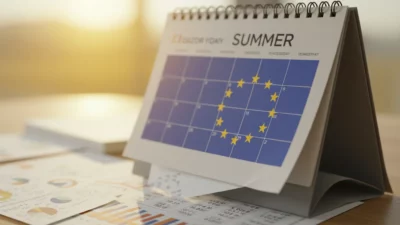 Calendrier tournant vers été avec motif drapeau européen, documents financiers en arrière-plan, concept bilan trimestriel
