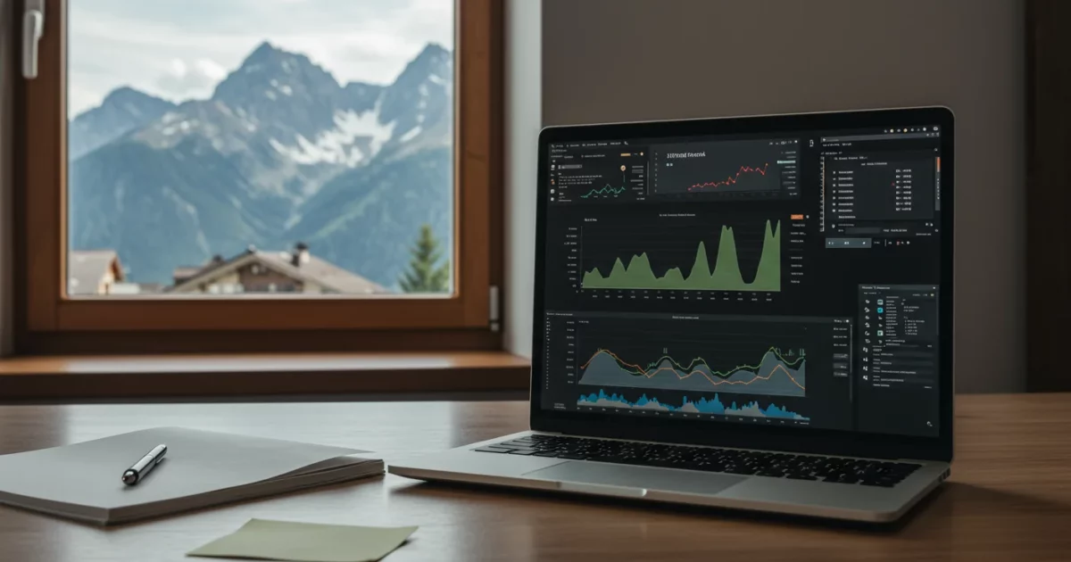Vue sur montagnes alpines à travers une fenêtre de bureau avec dashboard fintech moderne, esthétique européenne, espace de travail professionnel