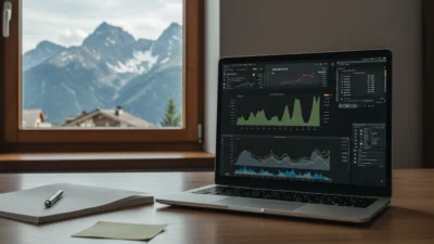 Vue sur montagnes alpines à travers une fenêtre de bureau avec dashboard fintech moderne, esthétique européenne, espace de travail professionnel