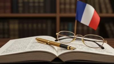 Livre juridique ouvert avec pages de doctrine fiscale française floutées, stylo-plume doré et lunettes de lecture par dessus, petit drapeau français en arrière-plan, lumière chaude de bibliothèque