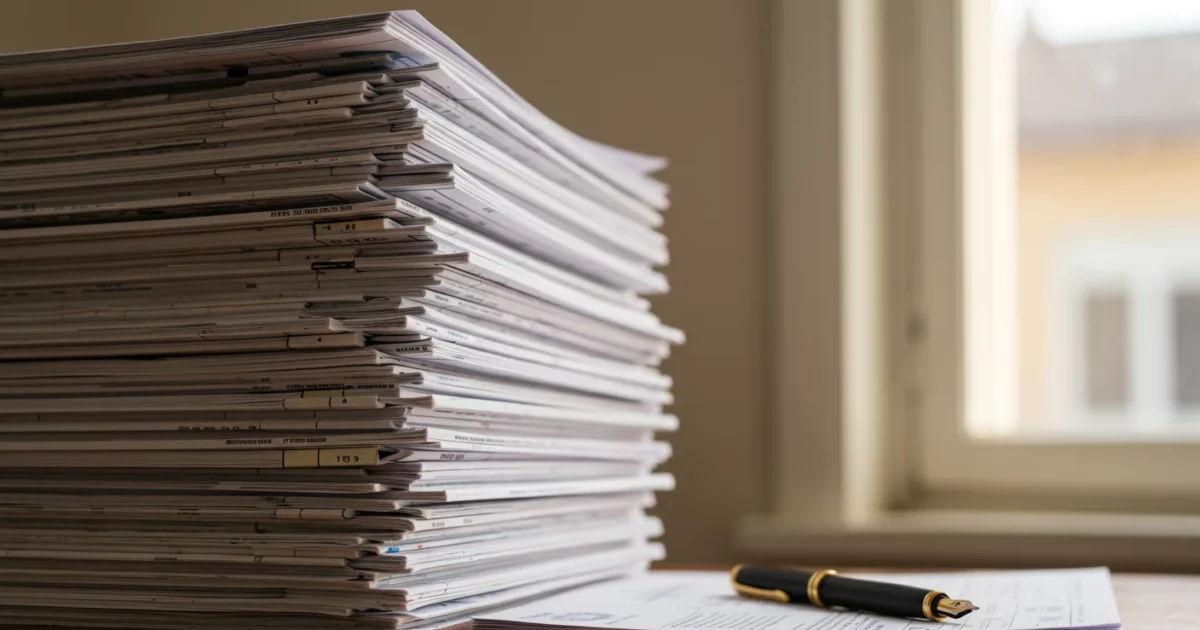 Pile de documents administratifs français avec cachets officiels, stylo-plume à côté, lumière chaude d après-midi