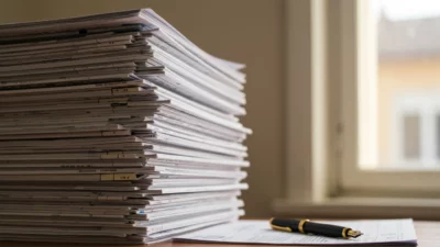Pile de documents administratifs français avec cachets officiels, stylo-plume à côté, lumière chaude d après-midi