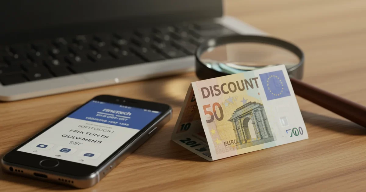 Concept coupon de réduction avec smartphone affichant une app fintech, billet euro plié, loupe suggérant l analyse critique, espace de travail moderne, lumière chaude