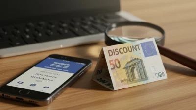 Concept coupon de réduction avec smartphone affichant une app fintech, billet euro plié, loupe suggérant l analyse critique, espace de travail moderne, lumière chaude