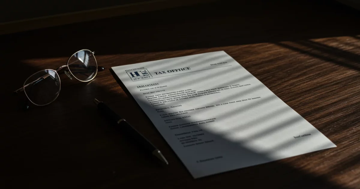 Courrier administration fiscale française sur bureau en bois foncé, lunettes de lecture, lumière atmosphère sérieuse