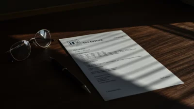 Courrier administration fiscale française sur bureau en bois foncé, lunettes de lecture, lumière atmosphère sérieuse