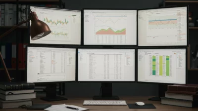 Bureau de comptabilité professionnelle avec plusieurs écrans affichant grands livres et feuilles de calcul, livres comptables reliés cuir, ambiance corporate