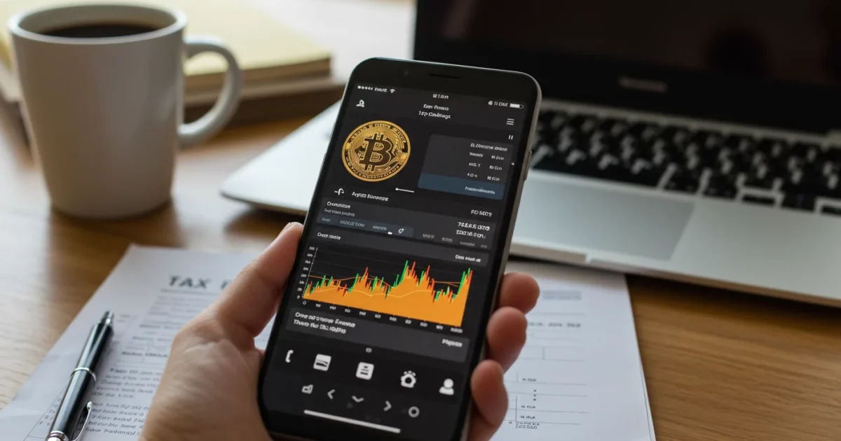 Écran smartphone affichant interface d exchange crypto avec graphiques et soldes, laptop avec formulaire fiscal français, tasse café, bureau organisé, lumière matinale