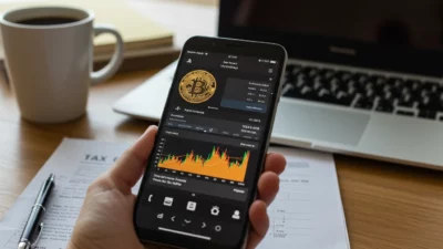 Écran smartphone affichant interface d exchange crypto avec graphiques et soldes, laptop avec formulaire fiscal français, tasse café, bureau organisé, lumière matinale