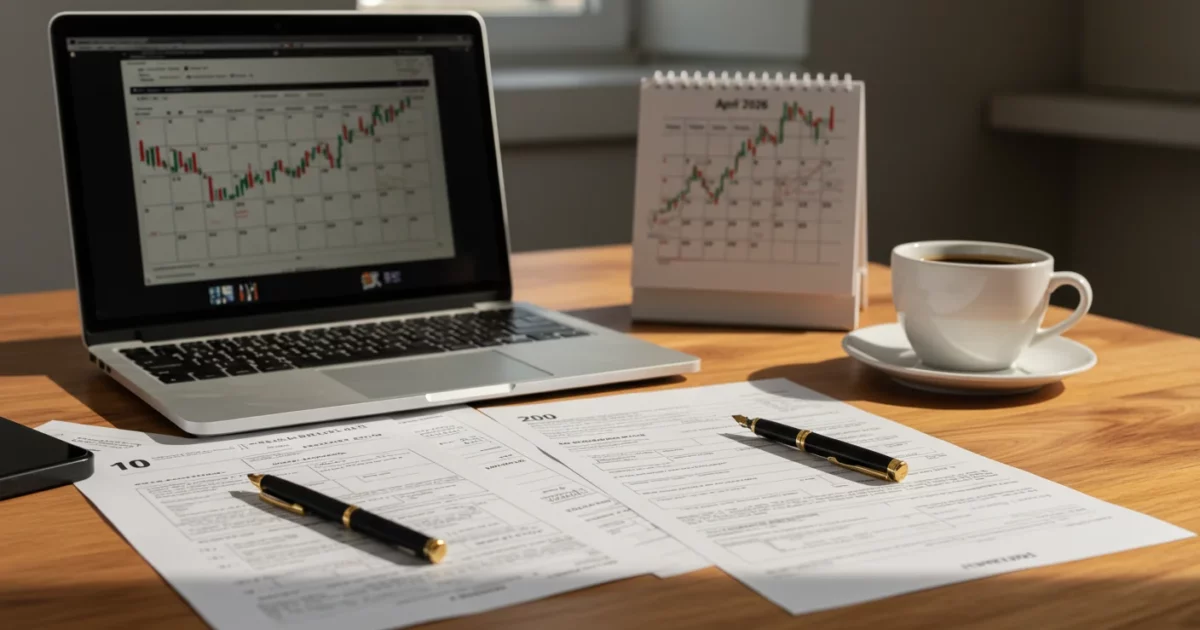 Bureau de comptable avec formulaires fiscaux sur bureau en bois, laptop affichant un portefeuille crypto, calendrier avril 2026, lumière naturelle, style photographie éditoriale