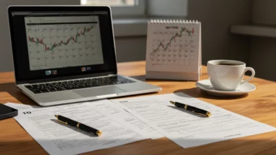 Bureau de comptable avec formulaires fiscaux sur bureau en bois, laptop affichant un portefeuille crypto, calendrier avril 2026, lumière naturelle, style photographie éditoriale