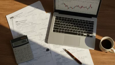 Vue du dessus d une scène de préparation de déclaration fiscale française : formulaires empilés, laptop avec dashboard crypto, calendrier mai 2026, calculatrice, stylo-plume, tasse de café, lumière chaude