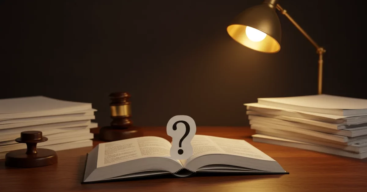 Livre ouvert avec signet point d interrogation, documents financiers et juridiques empilés sur bureau en bois, lumière chaude