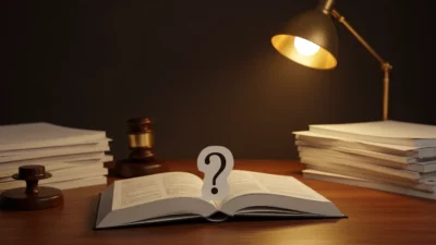 Livre ouvert avec signet point d interrogation, documents financiers et juridiques empilés sur bureau en bois, lumière chaude