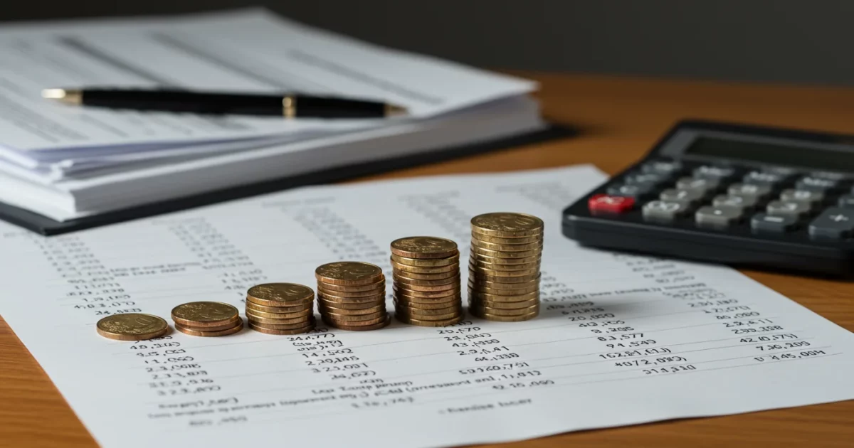 Scène de bureau minimaliste style infographie financière avec pièces euro empilées en colonnes représentant une répartition de pourcentages, documents fiscaux français flous, calculatrice