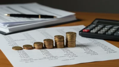 Scène de bureau minimaliste style infographie financière avec pièces euro empilées en colonnes représentant une répartition de pourcentages, documents fiscaux français flous, calculatrice