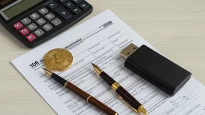 Vue du dessus d un formulaire fiscal 2086 imprimé sur papier, calculatrice, stylo-plume, pièce Bitcoin physique et hardware wallet USB sur bureau en bois, lumière naturelle