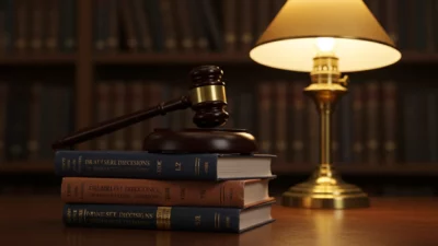 Pile de livres juridiques avec décisions de cour française, marteau de juge au-dessus, lampe laiton ornée en arrière-plan, atmosphère de bibliothèque de droit professionnelle