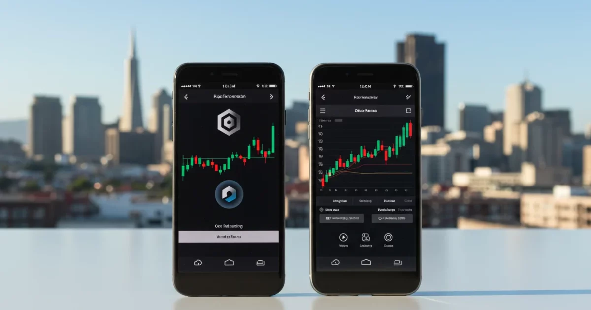 Deux smartphones côte à côte sur bureau propre affichant interfaces exchange crypto, concept comparaison, skyline SF et Europe en arrière-plan