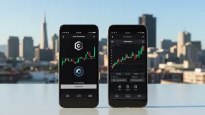 Deux smartphones côte à côte sur bureau propre affichant interfaces exchange crypto, concept comparaison, skyline SF et Europe en arrière-plan