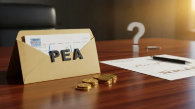 Concept épargne française : enveloppe bancaire élégante, reflet de graphique boursier sur bureau en bois, point d interrogation flouté
