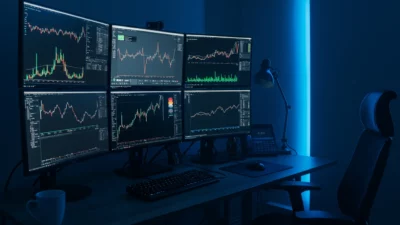 Poste de trading moderne avec plusieurs écrans affichant graphiques crypto, setup professionnel organisé, lumière ambiante bleue