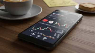 Application mobile de trading moderne sur smartphone avec interface d investissement, ambiance Berlin café minimaliste