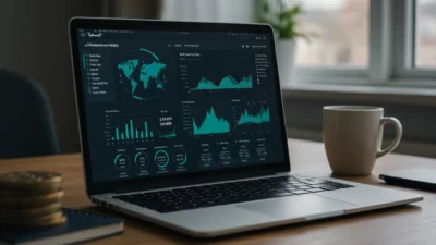 Interface dashboard fintech sur écran de laptop avec calculs de plus-values crypto et suivi de portefeuille, palette teal et bleu foncé, bureau professionnel français en lumière naturelle