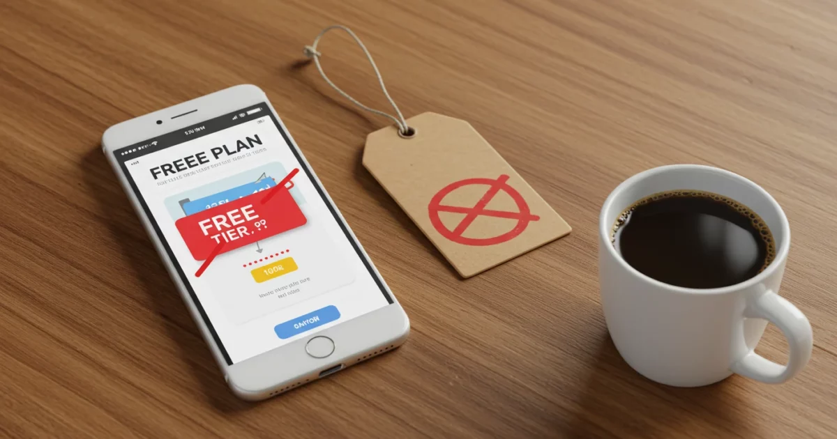 Concept plan gratuit : smartphone avec app fintech et carte palier Free mise en évidence, étiquette prix barrée