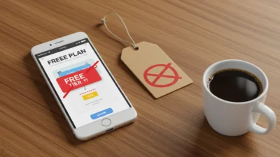 Concept plan gratuit : smartphone avec app fintech et carte palier Free mise en évidence, étiquette prix barrée