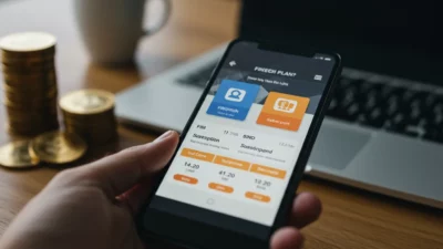 Écran de smartphone affichant des plans tarifaires fintech avec cartes d abonnement, pièces et symboles crypto en arrière-plan flouté, bureau professionnel en lumière naturelle