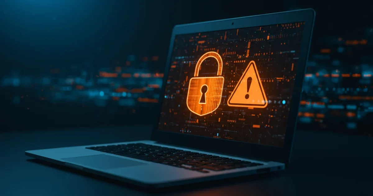 Concept de cybersécurité numérique : écran de laptop avec icône de cadenas et symbole d avertissement en tons orange, flux de données en arrière-plan, atmosphère cybersécurité sérieuse
