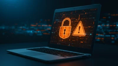 Concept de cybersécurité numérique : écran de laptop avec icône de cadenas et symbole d avertissement en tons orange, flux de données en arrière-plan, atmosphère cybersécurité sérieuse