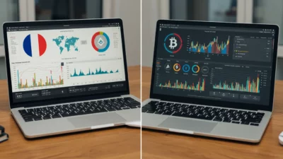 Deux laptops côte à côte sur un bureau en bois avec deux interfaces dashboard fintech crypto, l un aux accents français, l autre international multi-devises, esthétique split-screen minimaliste